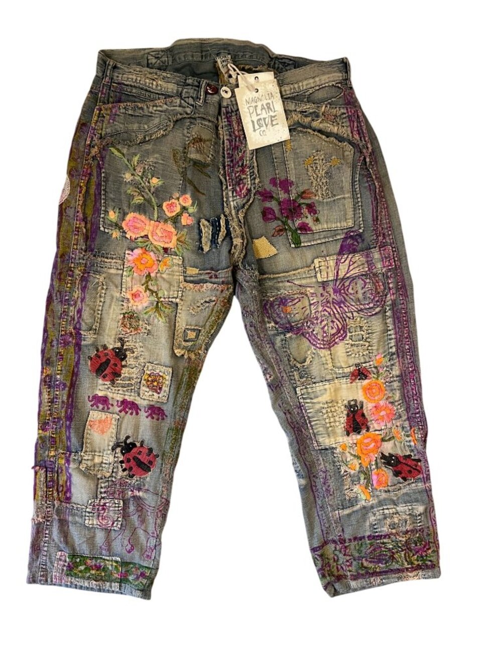 Magnolia Pearl Ladybug Musette Jeans Distressed Embroidered Denim Pants Washed